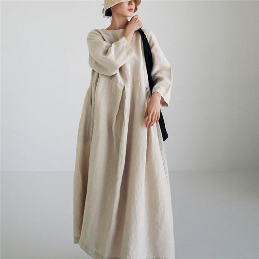 Plus Size Round Neck Solid Color Over-The-Knee Dress