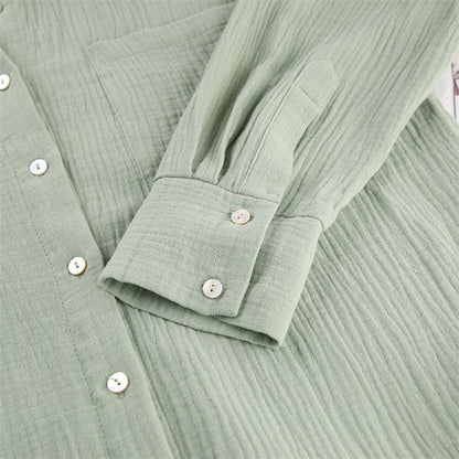 Solid Color Loose Long Sleeve Lapel Buttoned Waist Tied Blouse and Pants Two-Piece Loungewear Set