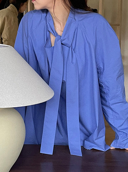 Long Sleeves Loose Solid Color Split-Joint Streamer High Neck Blouses