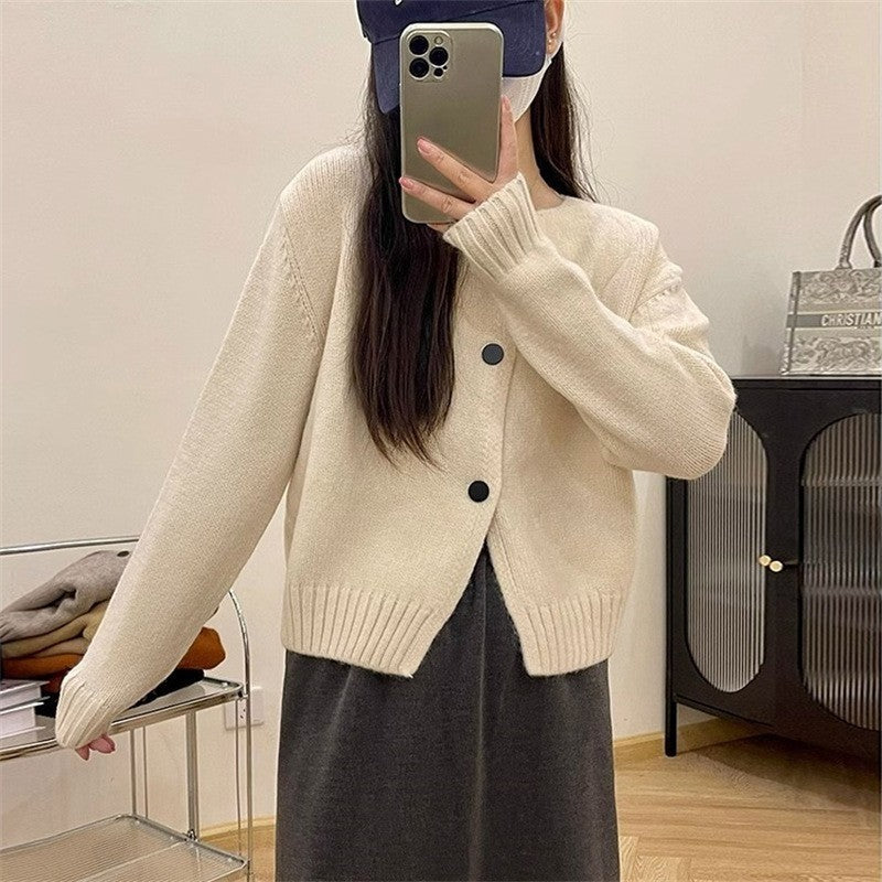 Solid Color Long Sleeve Crewneck Single Breasted Casual Loose Knitted Cardigan