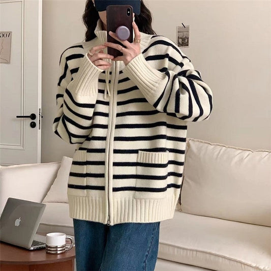 Long Sleeve Lapel Zipper Striped Casual Loose Knitted Cardigan Sweater