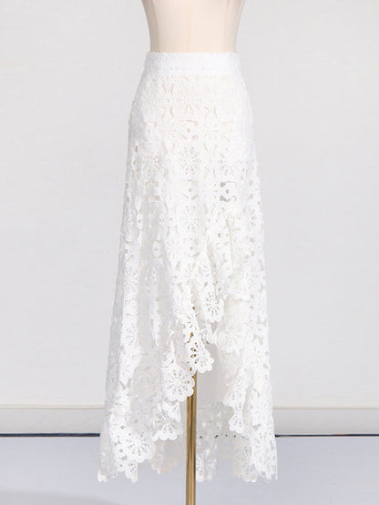 Flower Print Hollow Jacquard Solid Color Round-Neck Vest Top + Ruffle Trim Bodycon High-Low Skirts Bottom Two Pieces Set