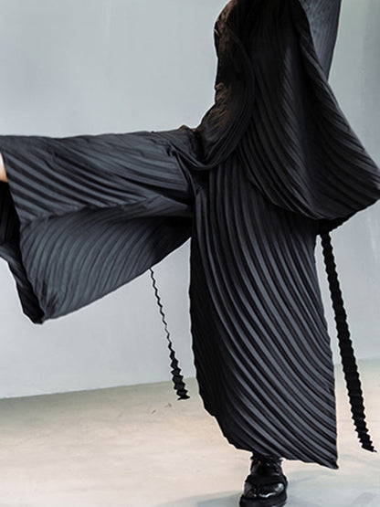 Urban Solid Color Pleated Outerwear&Pants Two Pieces Set