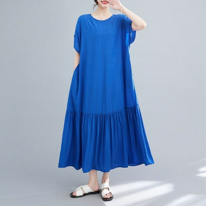 Loose Fit Solid Color Crewneck Short Sleeve Casual Maxi Dress