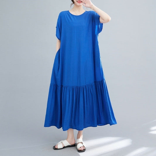 Loose Fit Solid Color Crewneck Short Sleeve Casual Maxi Dress