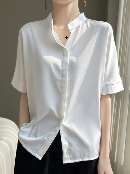 Loose Short Sleeves Buttoned Solid Color Stand Collar Blouses&Shirts Tops