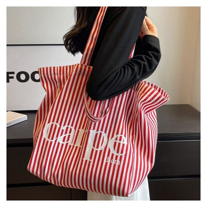Striped Letter Canvas Tote Bag with Large Capacity