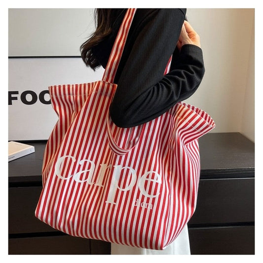 Striped Letter Canvas Tote Bag with Large Capacity