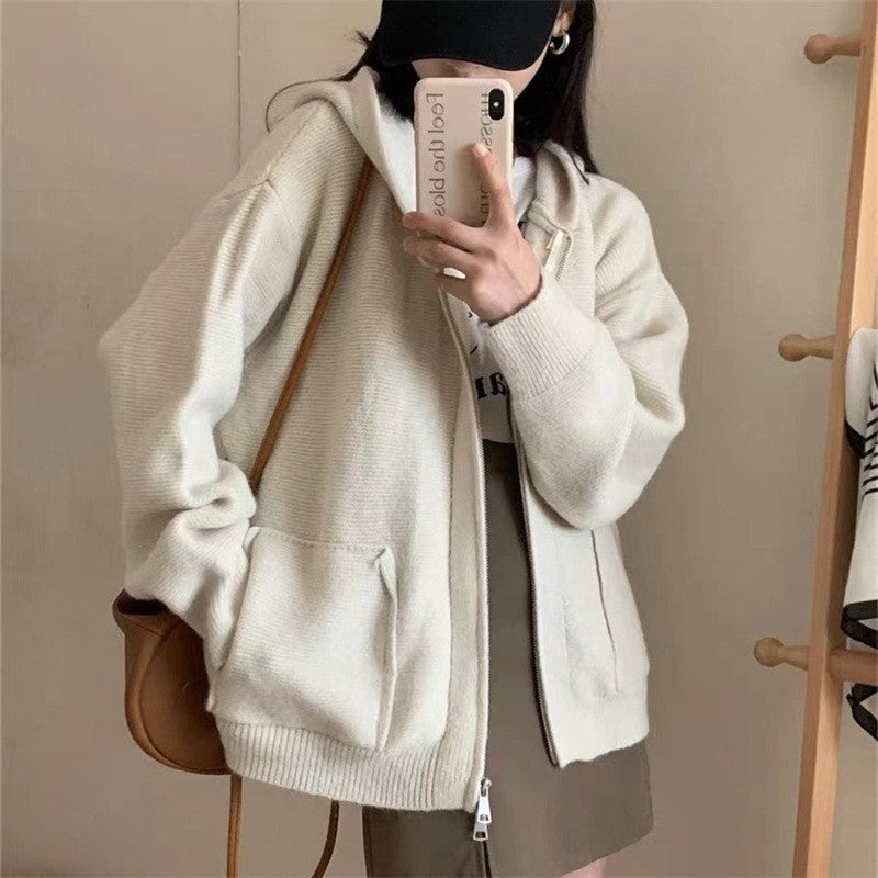 Solid Color Long Sleeve Hooded Zipper Pockets Casual Loose Cardigan Sweater