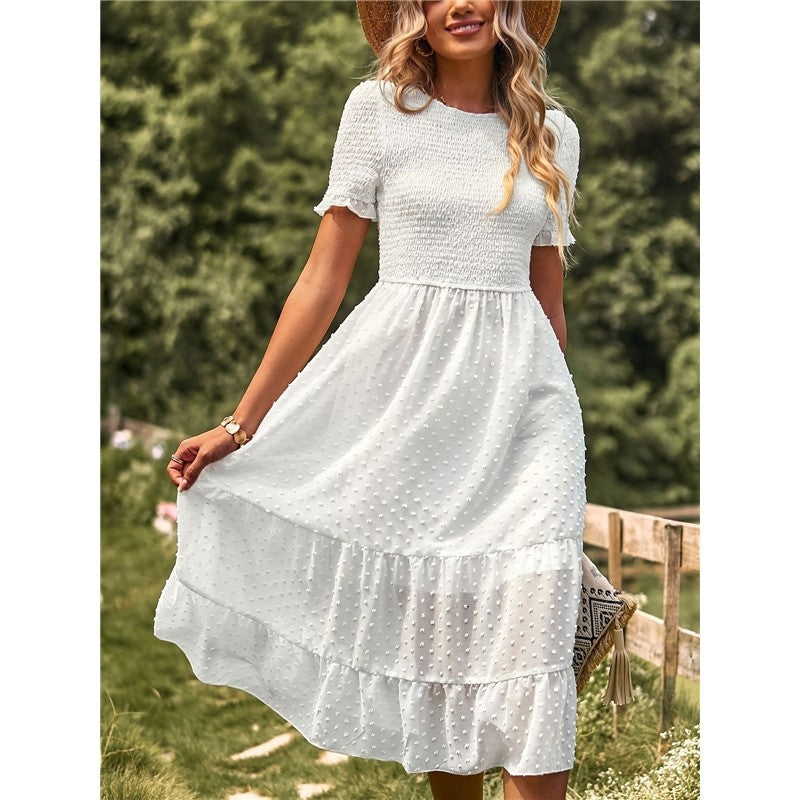 Solid Color Short Sleeve Round Neck Midi Dress for Women