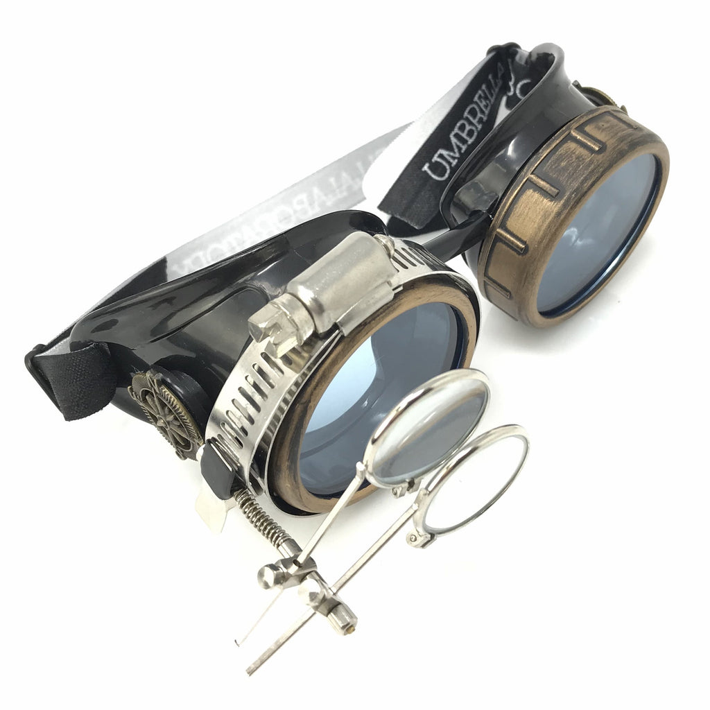 Handmade Steampunk Goggles with Loupe – Diffraction Lenses - neon pink, light blue, lime green, orange, and clear