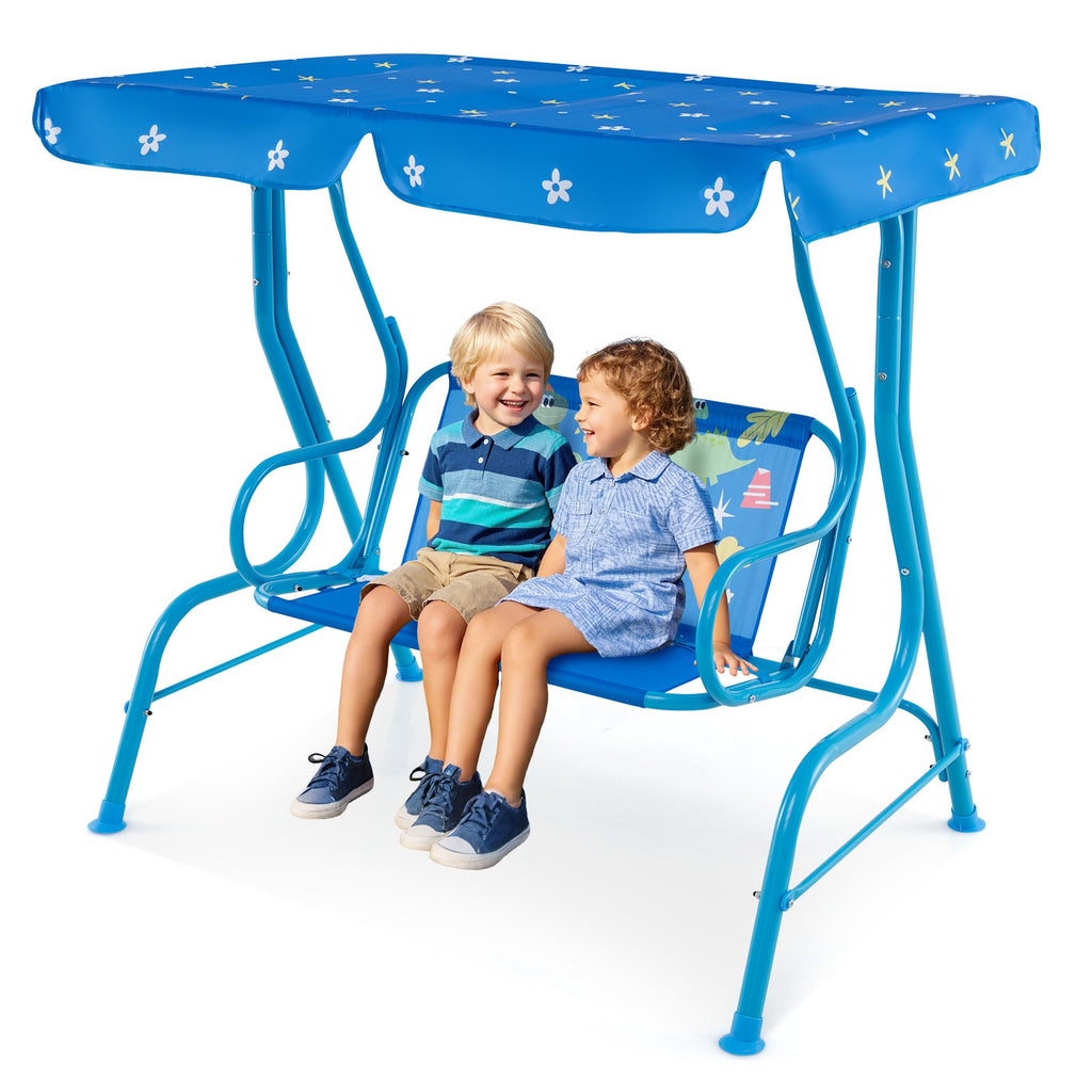 2-Seater Kids Patio Swing with Metal Stand and Adjustable Canopy-Navy