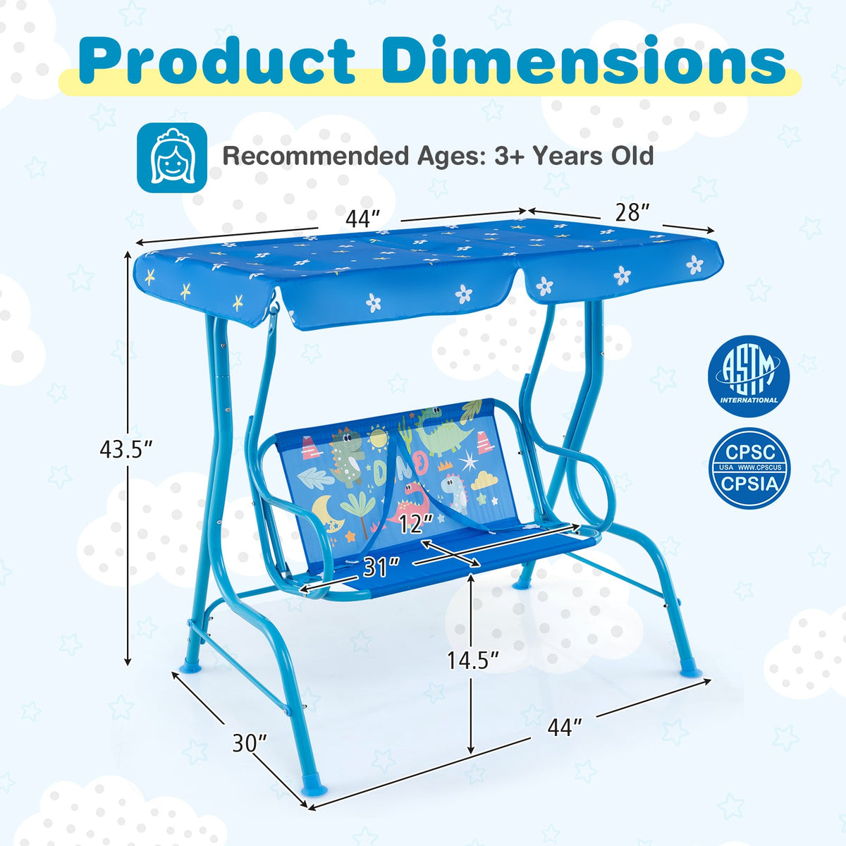 2-Seater Kids Patio Swing with Metal Stand and Adjustable Canopy-Navy