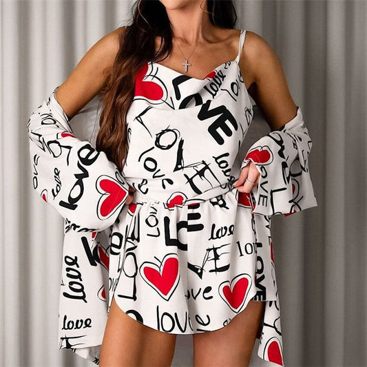 Floral Print Three-Piece Sleepwear Set with Camisole and Shorts