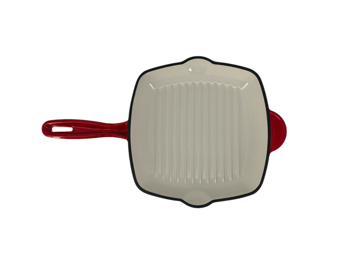 9.5" Square Enameled Cast Iron Grill Pan Red | Nonstick | Oven Safe
