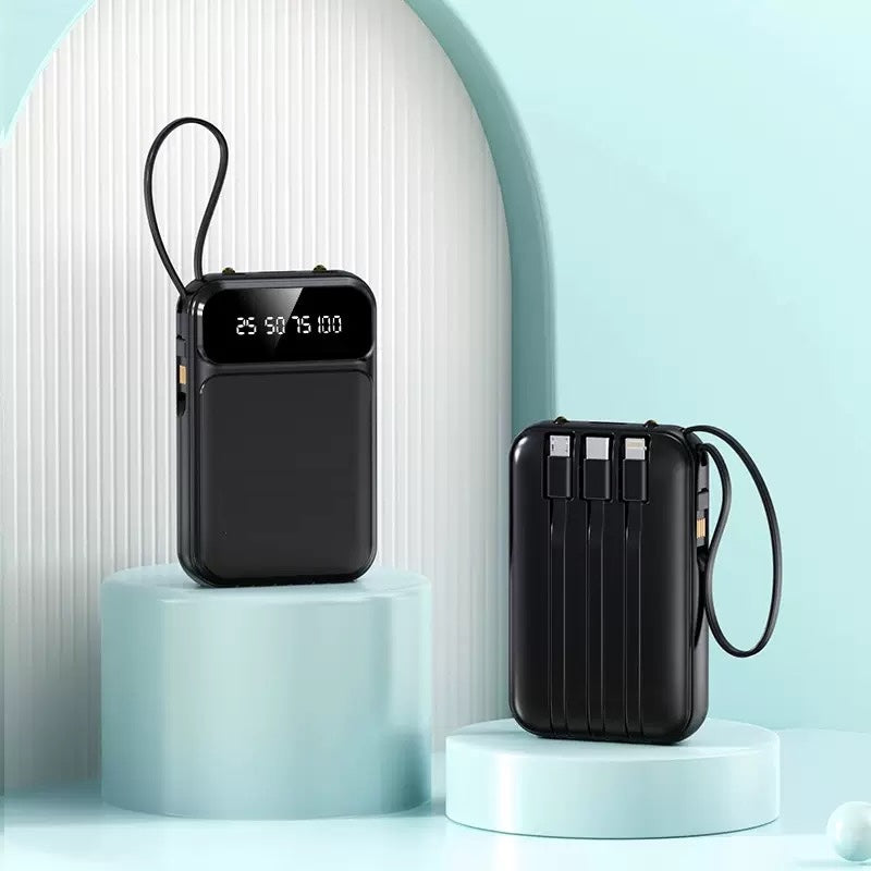 2 Pack 5000mAh Portable Power Bank Built-in Cables LED Display Flashlight Black