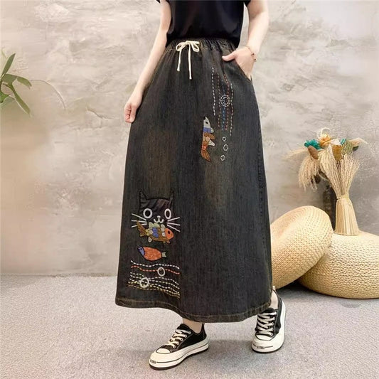 Embroidered Floral High-Waisted Denim Skirt