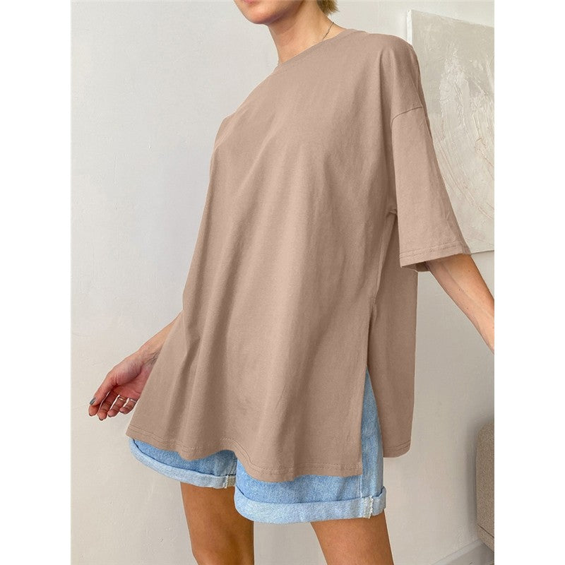 Casual Loose Crewneck T-Shirt with Side Slit - Solid Color