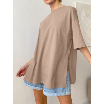 Casual Loose Crewneck T-Shirt with Side Slit - Solid Color