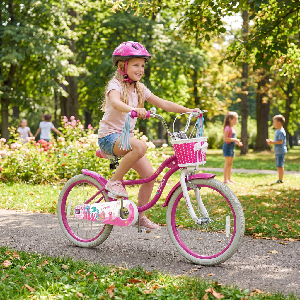 Kids Bike 18-Inch with Training Wheels and Basket Rose Red