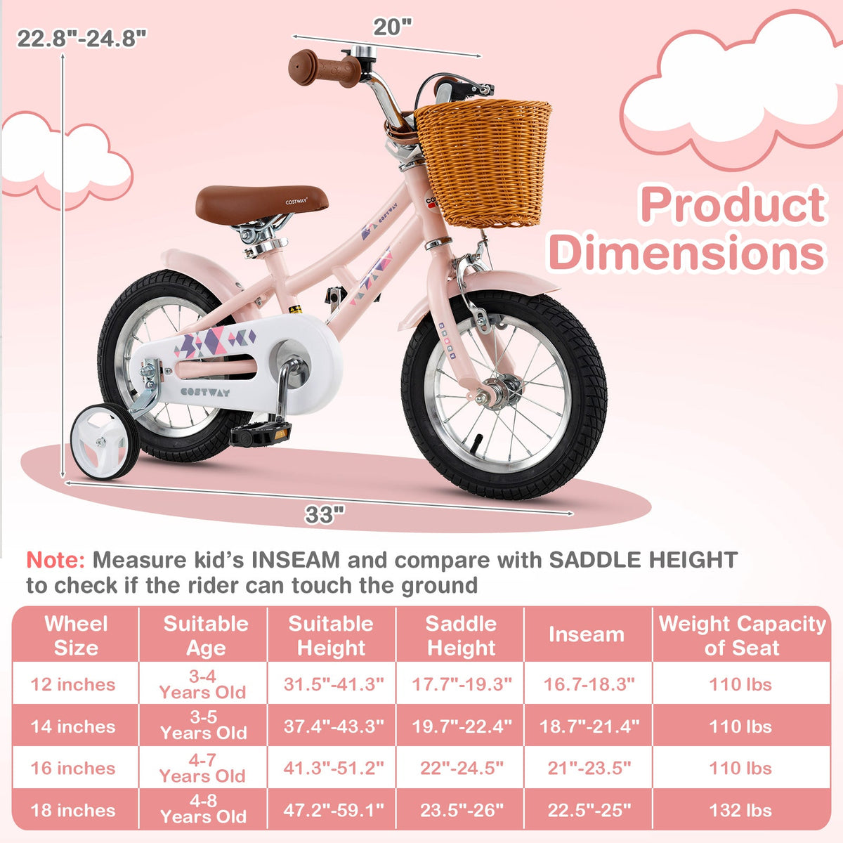 14 Inch Kids Bike Retro Bicycle with Adjustable Height and Basket for Ages 3-5 Years Old-