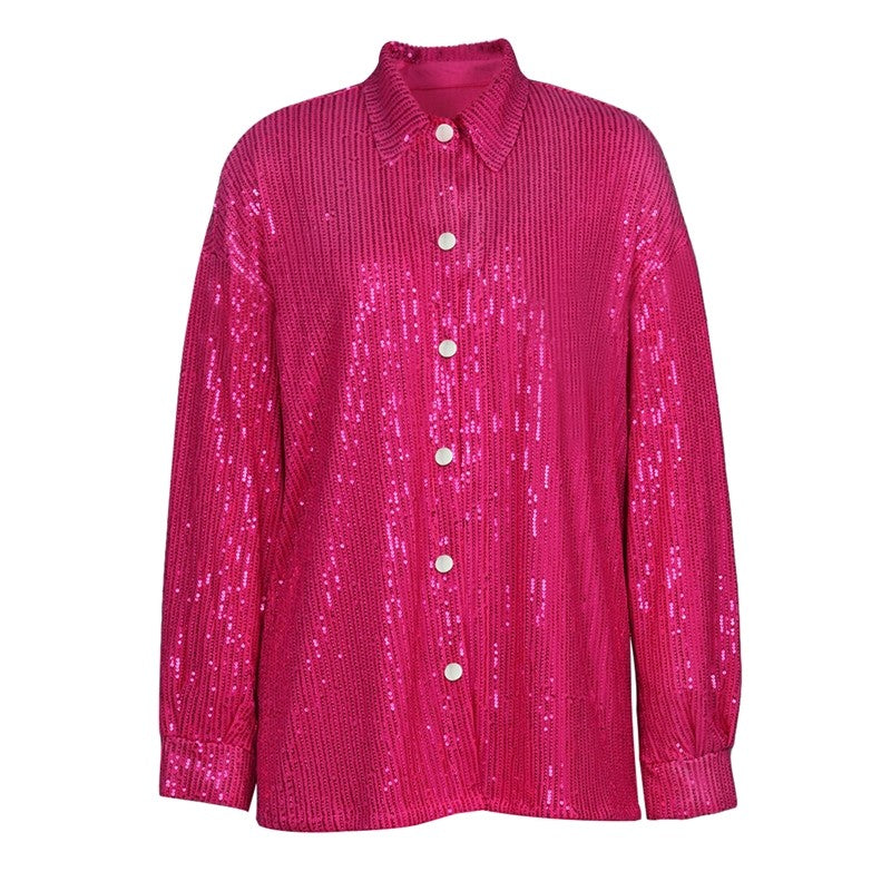 Solid Color Long Sleeve Lapel Single Breasted Glitter Blouse