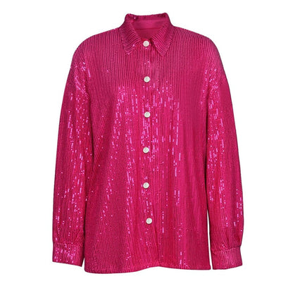 Solid Color Long Sleeve Lapel Single Breasted Glitter Blouse