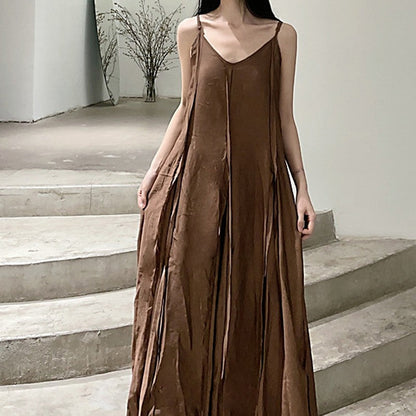 Solid Color Spaghetti Strap Sleeveless A-Line Maxi Dress with Full Hem