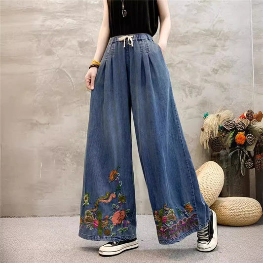 Wide Leg High Waist Embroidered Tie-Waist Pants