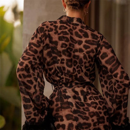 Leopard Print Feather Patchwork V-Neck Long Robe