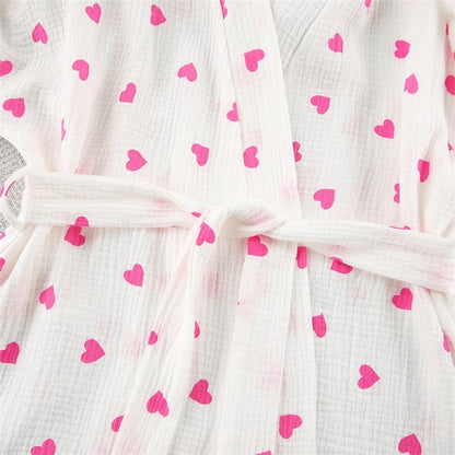 Heart Print Long Sleeve Tie-Waist Blouse and Shorts Set - Loungewear Suit