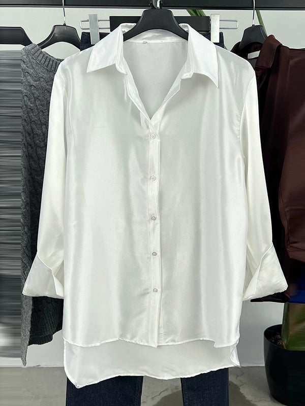 Long Sleeves Loose Buttoned Shiny Solid Color Lapel Blouses&Shirts Tops