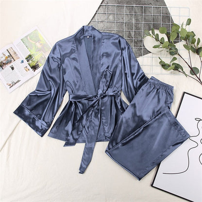 Solid Color Satin Tie Pajama Set