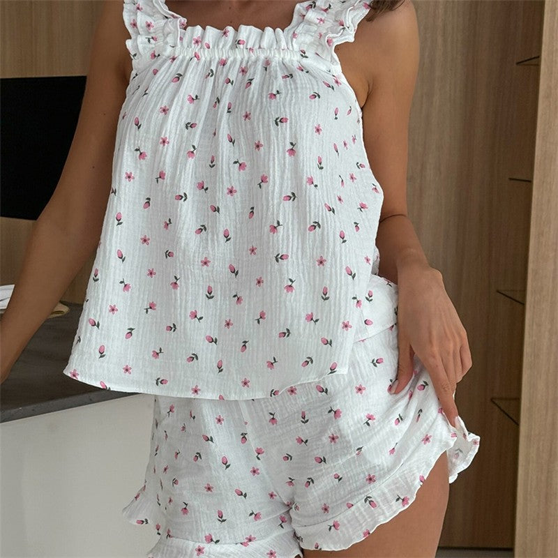 Floral Printed Sleeveless Crop Top Pajama Set