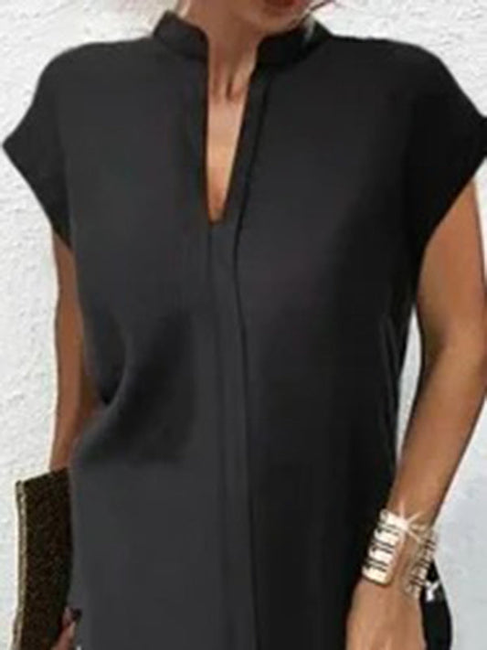 Flowy V-Neck Mini Dress with Short Sleeves and Side Slit