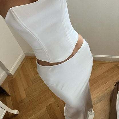 Solid Color Bandeau Maxi Dress Set with Matching Belt - Stylish and Versatile Summer Outfit
