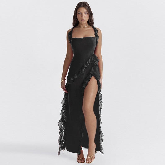 High Slit Ribbon Strap Solid Color Dress