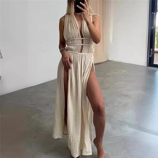 Sleeveless Hollow Out Braided Belt Maxi Dress with Slit
