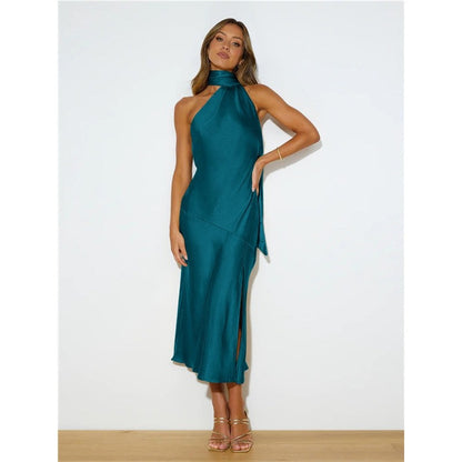Solid Color Sleeveless  Shawl Collar Backless Satin Maxi Dress
