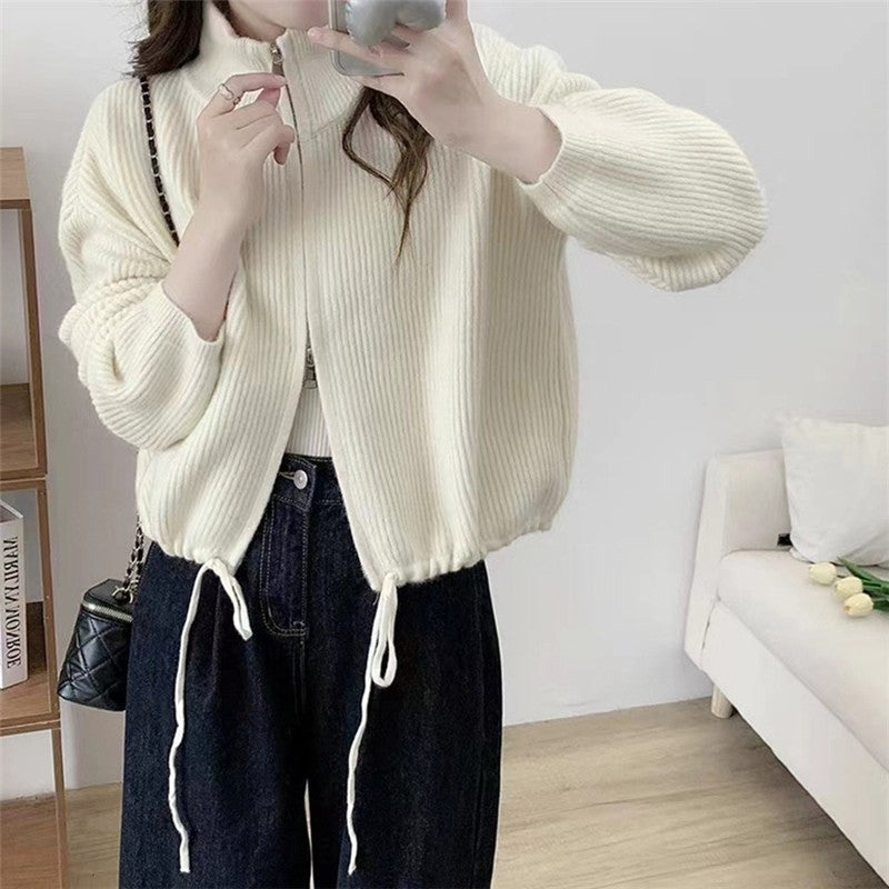 Solid Color Long Sleeve Zipper Drawstring Hemline Knitted Cardigan Sweater