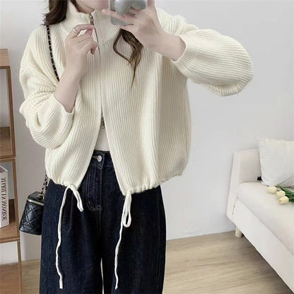 Solid Color Long Sleeve Zipper Drawstring Hemline Knitted Cardigan Sweater