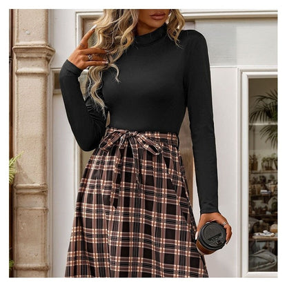 Plaid A-Line Dress with Chic Stand Collar
