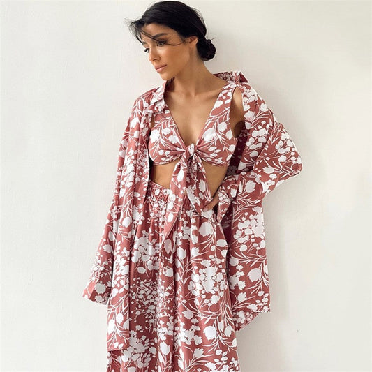 Knotted Bra and Long Sleeve Lapel Blouse with Pants Three-Piece Loungewear Set