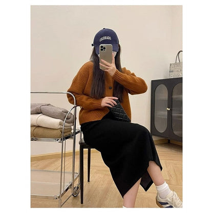 Solid Color Long Sleeve Crewneck Single Breasted Casual Loose Knitted Cardigan