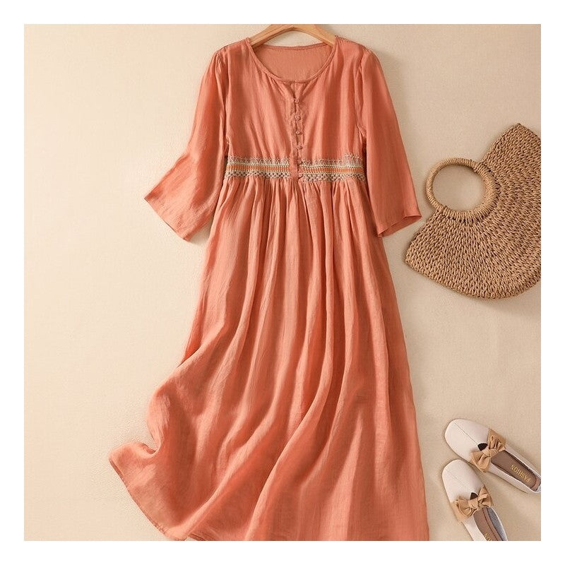 Flowy Bohemian Embroidered Round Neck Midi Dress