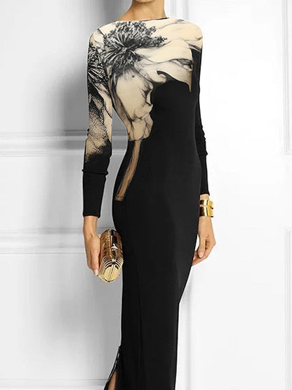 Floral Print Boat Neck Maxi Dress with Long Sleeves