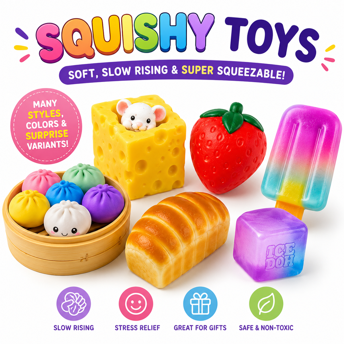 Squishy Toy Collection – Slow Rising Sensory Fidget Toys | Dumplings, Butter, Bread, Ice Cream, Fruit, Cheese & More Styles