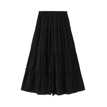 Elegant Solid Color Elastic Waist Pleated A-Line Maxi Skirt