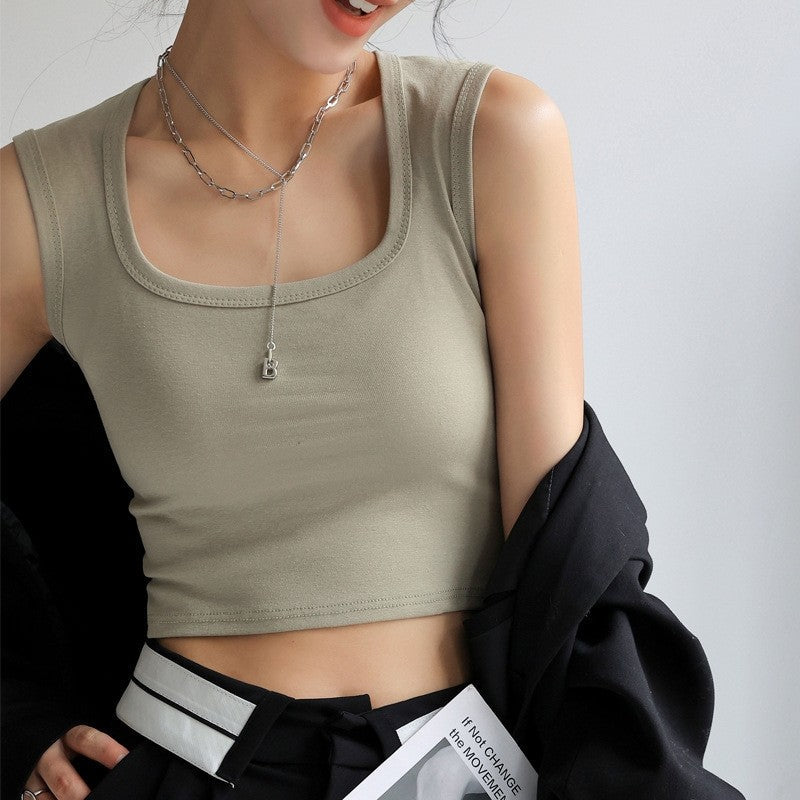 Square Neck Sleeveless Slim Fit Cropped Vest in Solid Color