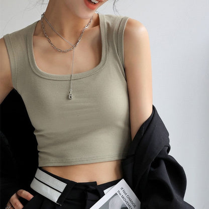 Square Neck Sleeveless Slim Fit Cropped Vest in Solid Color